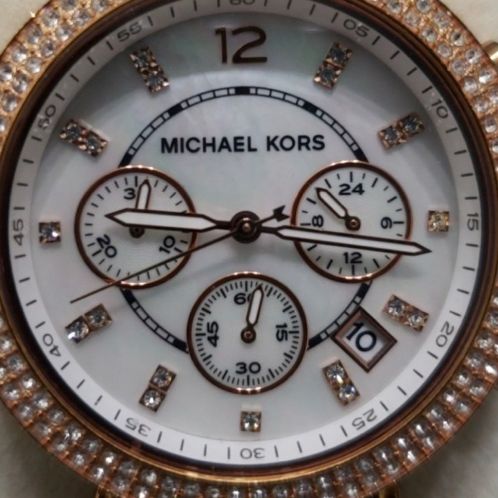 Michael Kors Rose Gold Women’s Watch with Pearl Faceplate & Crystal Details